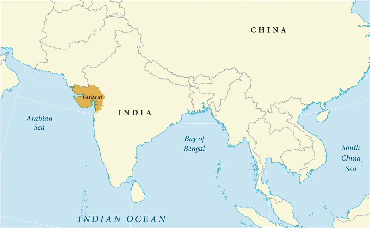 This map is a regional map showing India, China, the Arabian Sea, the Bay of Bengal, the South China Sea, and the Indian Ocean. The Sultanate of Gujarat is highlighted. Gujarat sits on the northwest coast of India, on the Arabian Sea.