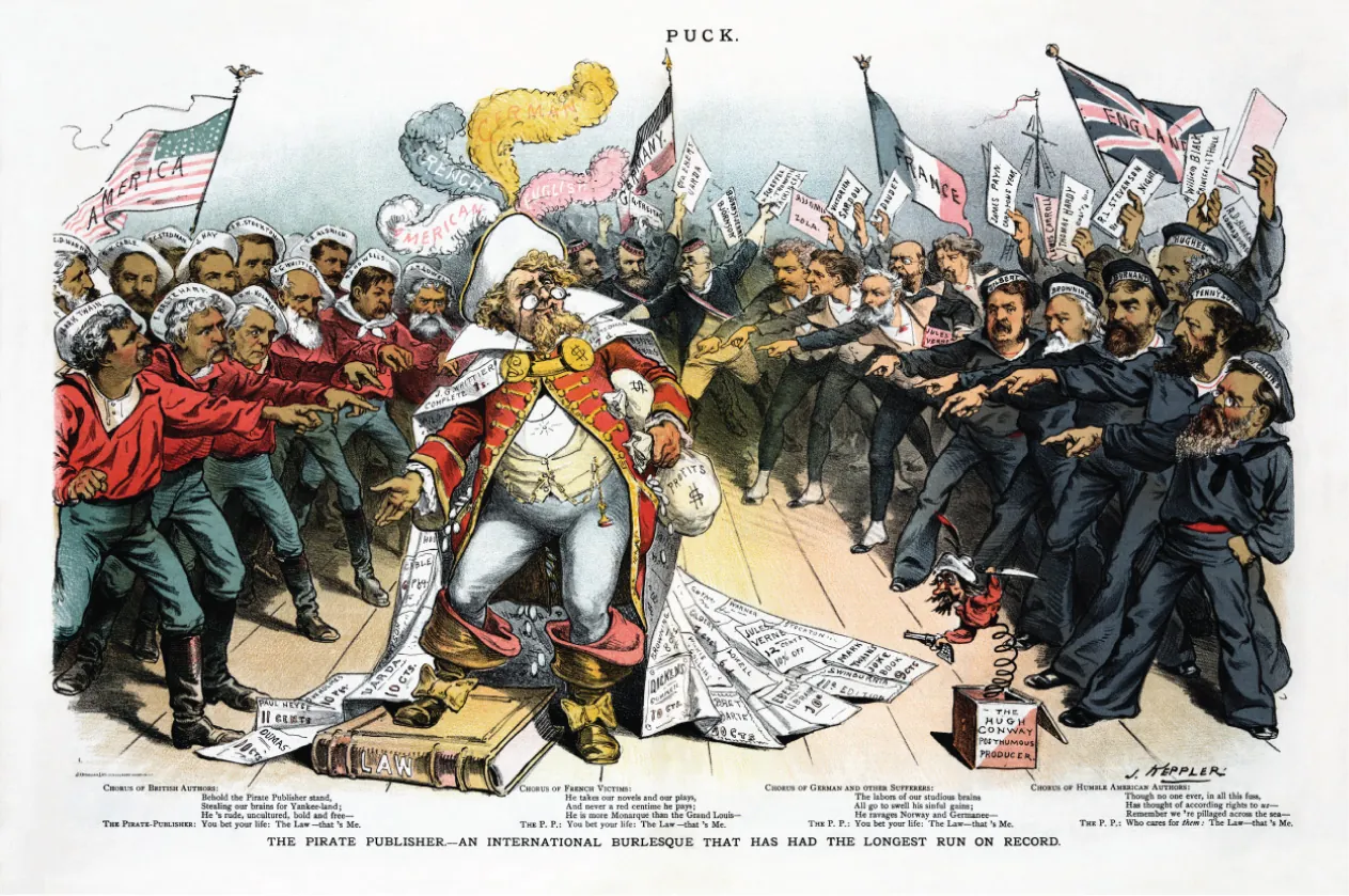 A cartoon depicting a publisher with a bag of money around their neck, labeled profits. The publisher is surrounded by groups of people pointing in seemingly accusatory ways.