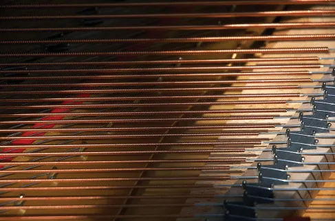 A close up photo of the strings in a piano