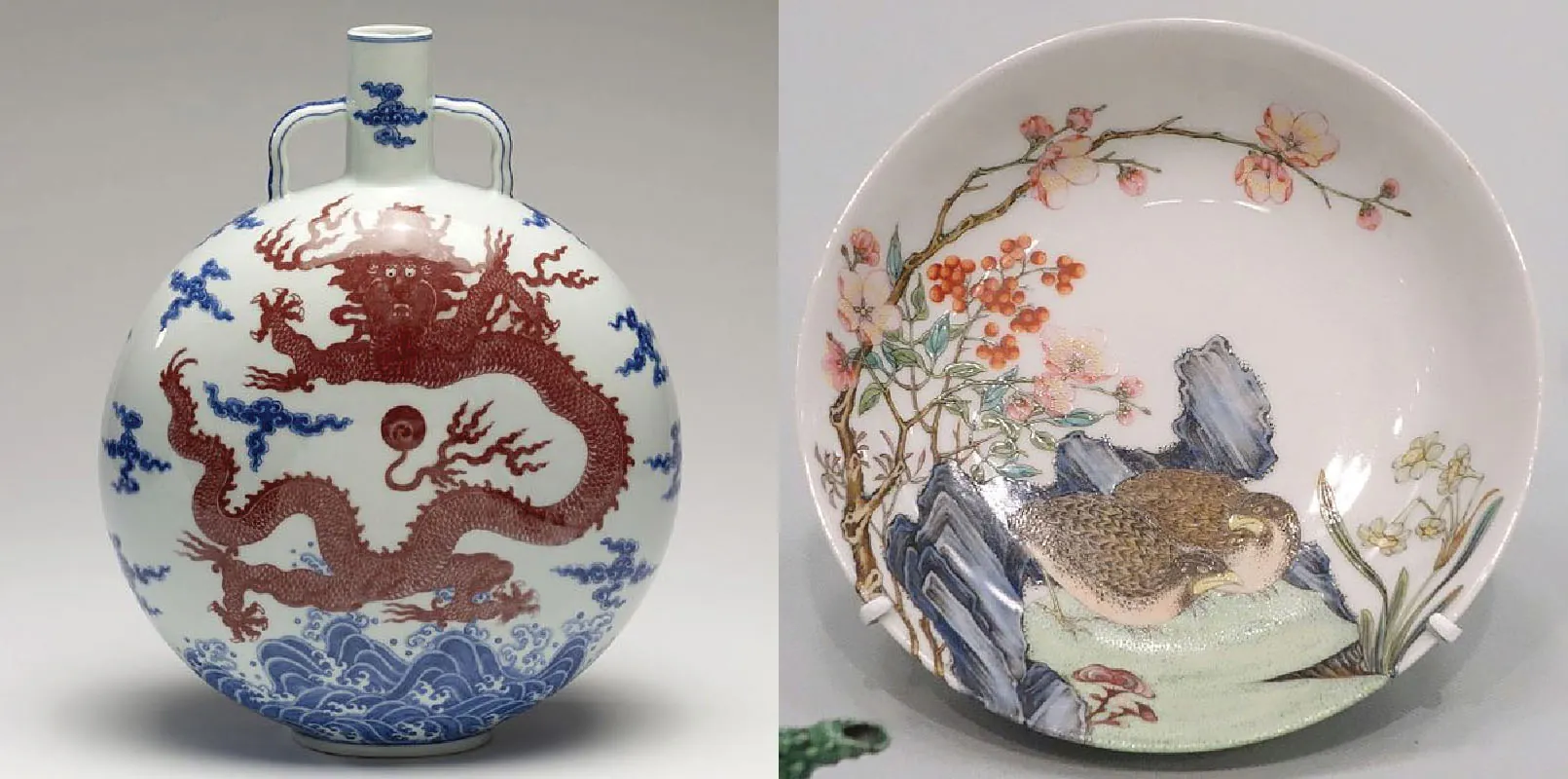 There are two images. The image on the left is of a round porcelain flask decorated with a picture of a dragon. The image on the right is a porcelain saucer decorated with a picture of a bird surrounded by flowers and grass.