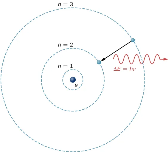 Atom wodoru jest reprezentowany przez proton znajdujący się w jądrze atomowym, posiadający ładunek plus e, oraz elektron krążący wokół jądra po orbicie. Pokazano trzy orbitale oznaczone jako n =1, n = 2 i n = 3 odpowiadające wzrastającym wartościom promienia orbity. Strzałka wskazuje na elektron ulegający przejściu z orbity zewnętrznej na środkową. Obok strzałki narysowano linię falowaną, którą opisano jako delta E równe h f.