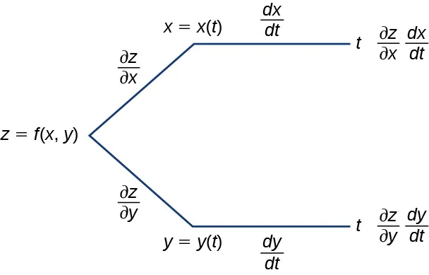 Un diagrama que comienza con z = f(x, y). A lo largo de la primera rama, se escribe ∂z/∂x, luego x = x(t), luego dx/dt, luego t, y finalmente dice ∂z/∂x dx/dt. Por la otra rama, se escribe ∂z/∂y, luego y = y(t), luego dy/dt, luego t, y finalmente dice ∂z/∂y dy/dt.