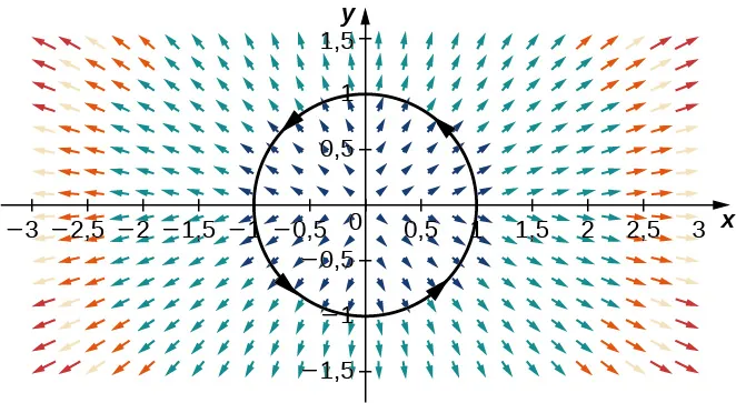 Un círculo unitario en un campo vectorial en dos dimensiones. Las flechas apuntan hacia fuera del origen en un patrón radial. Los vectores más cortos están cerca del origen y los más largos están más lejos. Se dibuja un círculo unitario alrededor del origen para ajustar el patrón, y las puntas de flecha se dibujan en el círculo en sentido contrario a las agujas del reloj.