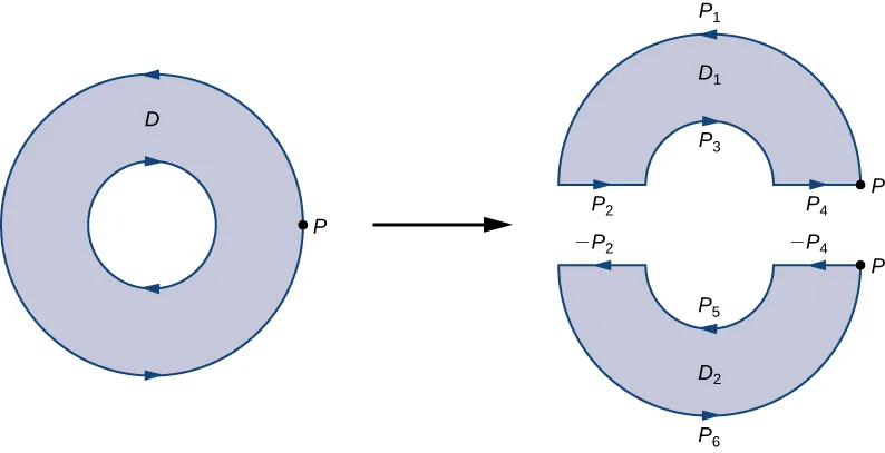 A diagram of an annulus – a circular region with a hole in in like a donut. Its boundary is oriented counterclockwise. One point P on the outer boundary is labeled. It is the right endpoint of the horizontal diameter. The annulus is split horizontally down the middle into two separate regions that are each simply connected. Point P is labeled on both of these regions, D1 and D2. Each region has boundaries oriented counterclockwise. The upper curve of D1 is labeled P1, the left flat side is P2, the lower curve is P3, and the right flat side is P4. The lower curve of D2 is P6, the left flat side is –P2, the upper curve is P5, and the right flat side is –P4.