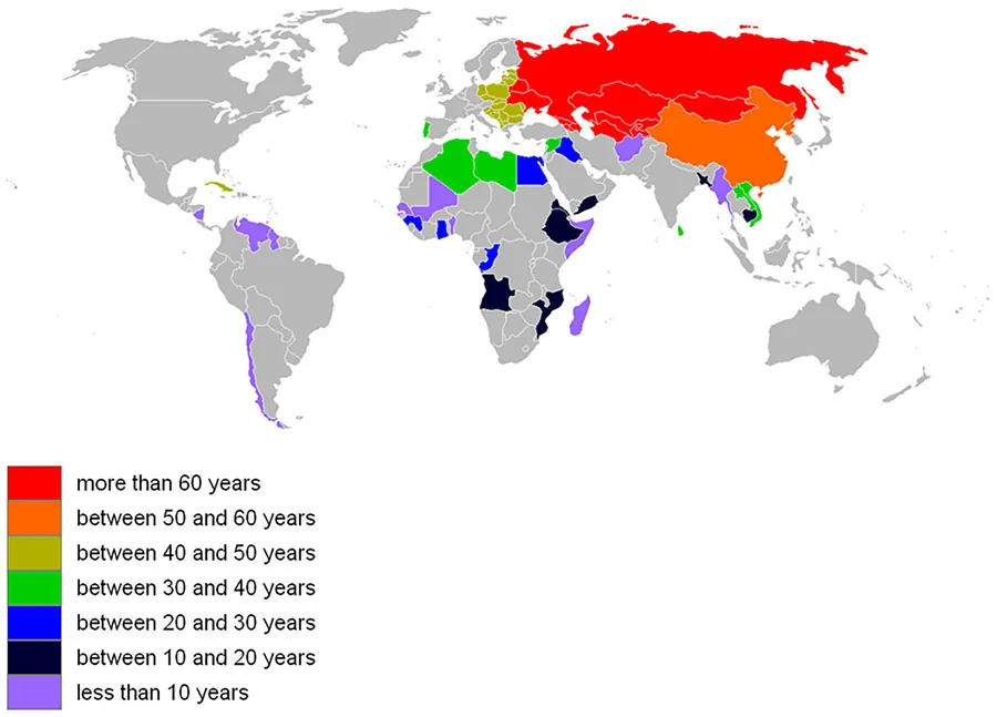 A world map depicting the countries which have adopted a socialist economy, and the length of time which they adopted it for.