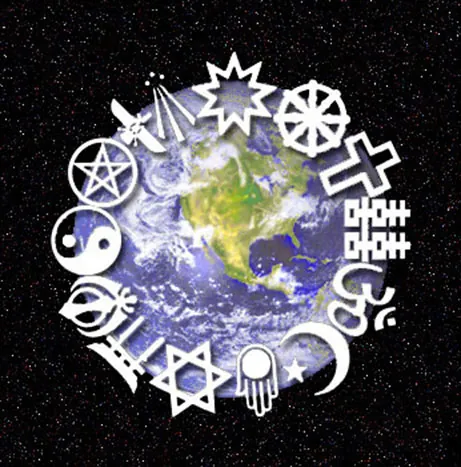 The symbols of 14 religions are depicted in a circle around the edge of an illustration of Earth, with North America and part of South America visible. The Earth illustration is shown sitting in the middle of a starry sky.