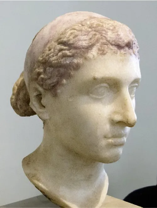 A picture of a white marble head is shown on a pedestal. The head is facing right, has large eyes, a pointed nose, and a flat expression. The hair on top is curly and some is sticking out in the back. The wall behind the head is blue.