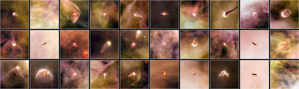 A Photographic Atlas of Planetary Nurseries in the Orion Nebula. These Hubble Space Telescope images show embedded circumstellar disks orbiting very young stars. Each is seen from a different angle. Some are energized to glow brightly by the light of a nearby star, while others are dark and seen in silhouette against the bright glowing gas of the Orion nebula.