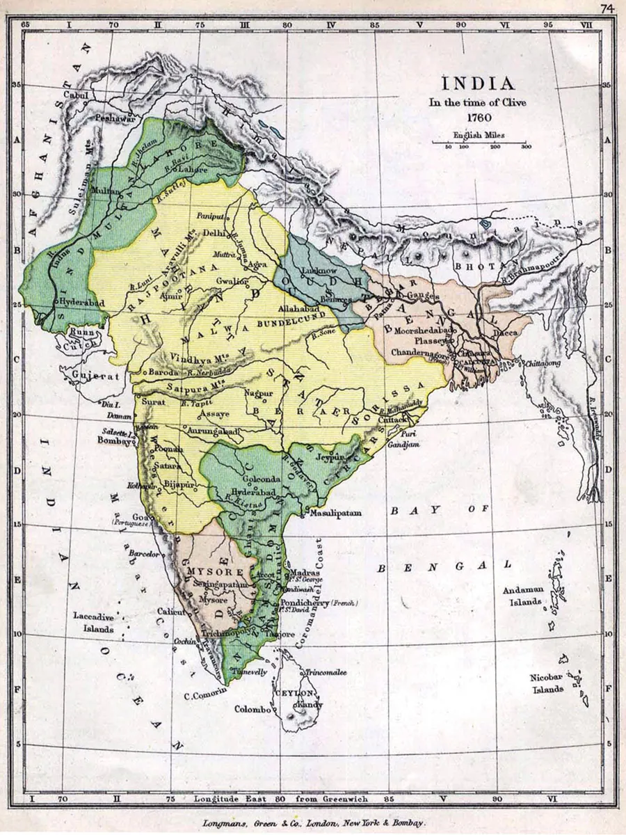 This map shows India. The highlighted region of the Martha Empire covers all central India.