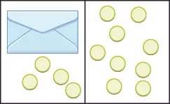 This image is divided into two parts: the first part shows an envelope and 4 blue counters and next to it, the second part shows 9 counters.