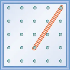 The figure shows a grid of evenly spaced pegs. There are 5 columns and 5 rows of pegs. A rubber band is stretched between the peg in column 3, row 4 and the peg in column 5, row 1, forming a line.