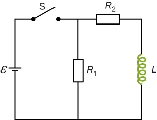 Rysunek pokazuje obwód połączony szeregowo z opornikiem R1, baterią epsilon, poprzez otwarty przełącznik S. R1 jest równoległy do opornika R2 i cewki L. 