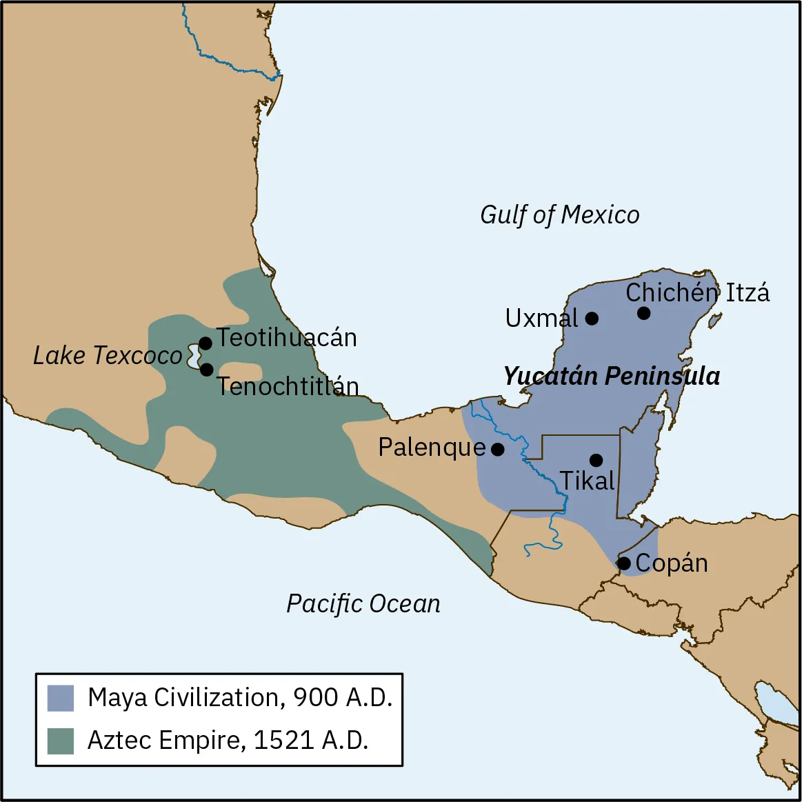 Map depicting the ranges of the Maya Civilization, circa 900 CE, and the Aztec Empire, circa 1521 CE. The Maya Civilization occupies the entirety of the Yucatán Peninsula in Central America, and includes the cities Copan, Tikal, Palenque, Uxmal, and Chichen Itza. The Aztec Empire occupies a portion of Central America north of the Yucatan Peninsula, and includes the cities Teotihuacan and Tenochtitlan, as well as Lake Texcoco. The two ranges cover approximately equal areas.