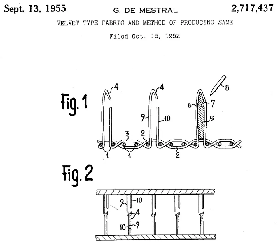 An illustration from a velvet fabric patent. It was filed in 1952. It shows how the fabric is connected and created.