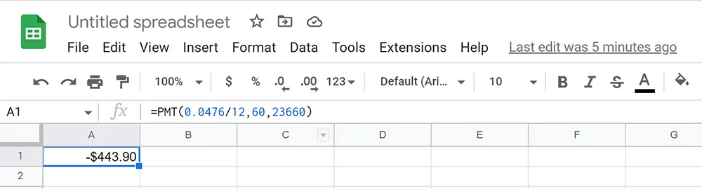 A Google Sheet spreadsheet. The first-row cell reads $443.90.