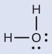 Una estructura de Lewis representa un átomo de oxígeno con dos pares solitarios de electrones unido con enlace simple a dos átomos de hidrógeno.