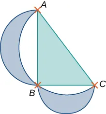 Un triángulo rectángulo con los puntos A, B y C. El punto B tiene el ángulo recto. Hay dos lúnulas trazadas de A hasta B y de B hasta C con diámetros exteriores AB y AC, respectivamente, y con los límites interiores formados por la circunferencia del triángulo ABC.