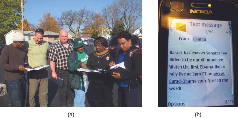 Image A is of a group of people standing and holding binders. Image B is a screenshot of a cell phone screen. The screen reads “Text message from Obama. Barack has chosen Senator Joe Biden to be our VP nominee. Watch the first Obama-Biden rally live at 3pm ET on www.BarackObama.com. Spread the word!”