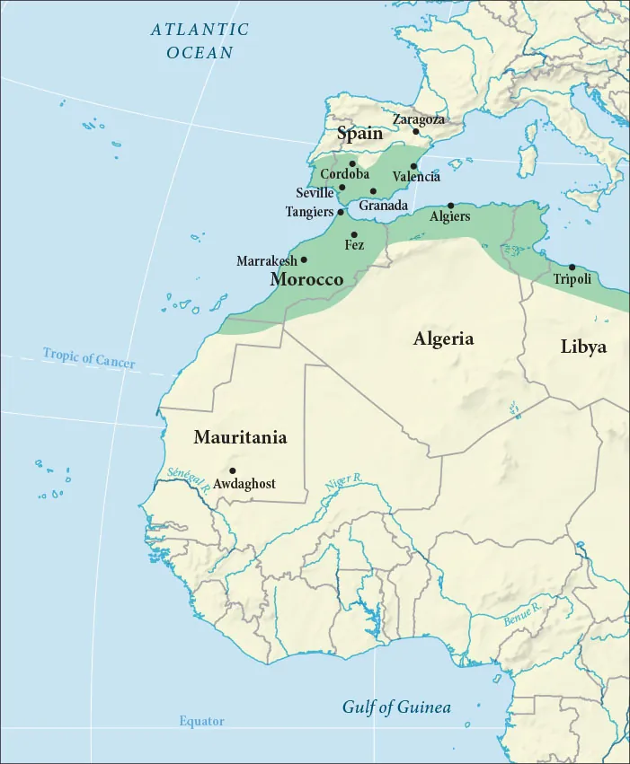 A map is shown of land highlighted beige and water highlighted blue. The Atlantic Ocean is labelled in the north and west and the Gulf of Guinea is labelled in the south. A white line in the middle of the map is labelled the Tropic of Cancer. The Niger R., the Senegal R., and the Benue R. are labelled on the map. A white line along the bottom of the map is labelled Equator. Land in the south of Spain and along the northern coasts of Morocco, Algeria and Libya is highlighted green. Cities indicated in this area, from north to south, include: Zaragoza, Valencia, Cordoba, Seville, Granada, Tangiers, Algiers, Fez, Tripoli, and Marrakesh. The country of Mauritania is labelled in the west of the land and the city of Awdaghost is labelled within that area.