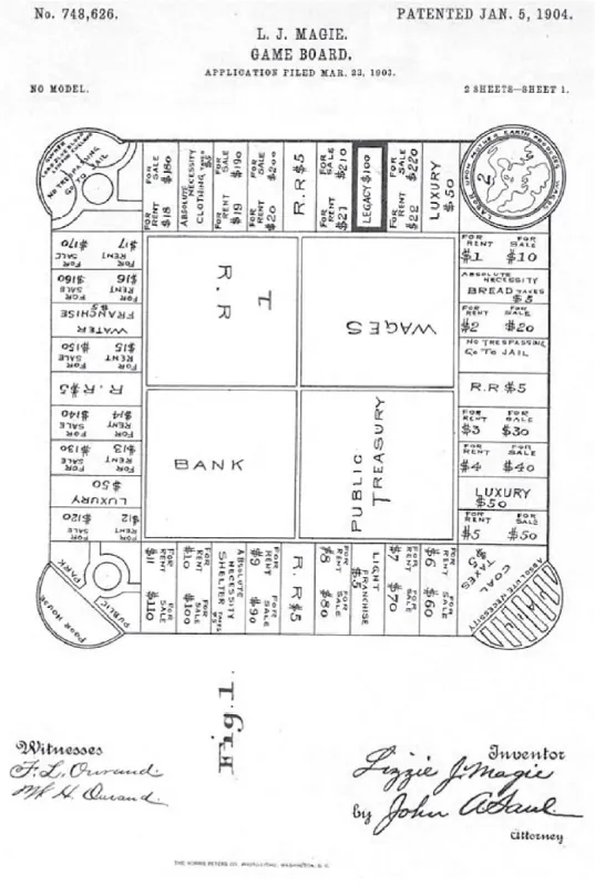 The first patent drawing for Lizzie Magie's board game, The Landlord Game, dated January 5, 1904. It depicts a square game board with various rectangles surrounding the border and round areas in the 4 corners. Similar to the well-known board game Monopoly.