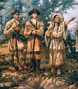 A painting depicts Sacagawea leading Lewis and Clark through the Montana wilderness. She points authoritatively ahead while Lewis and Clark look on.