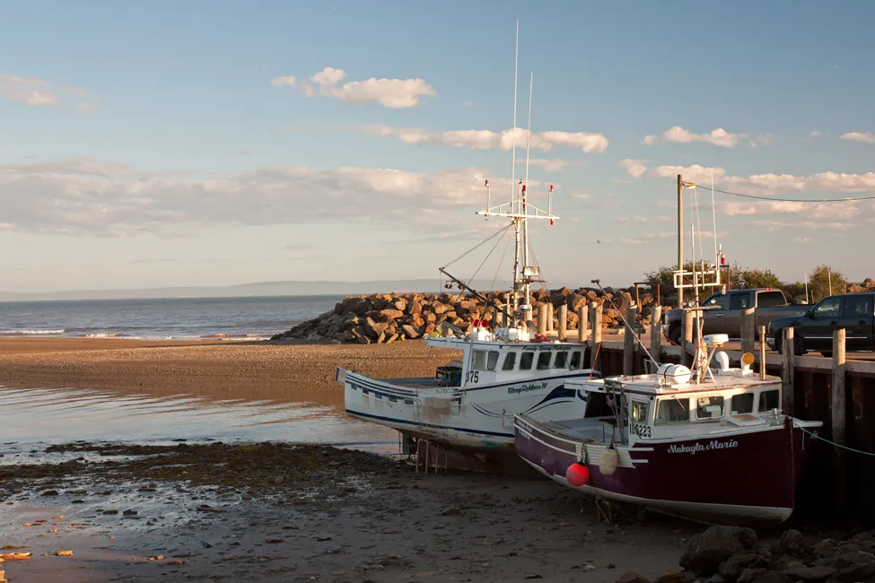 Two boats at a dock during low tide