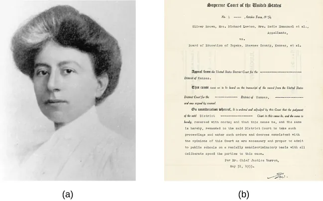 Figure a is a portrait of Margaret Floy Washburn. Figure b is the front page of the Implementation Decree from the Supreme Court for the Brown vs. Board of Education case.