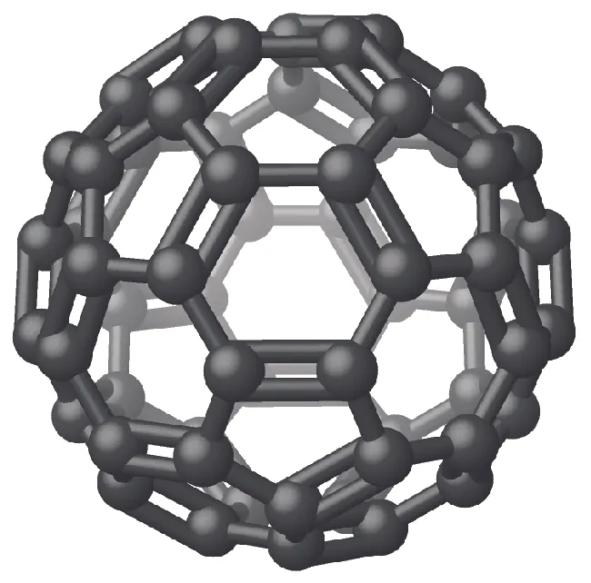A spherical structure is made up of hexagonal rings, each of which is made up of atoms bonded together with alternating single and double bonds.