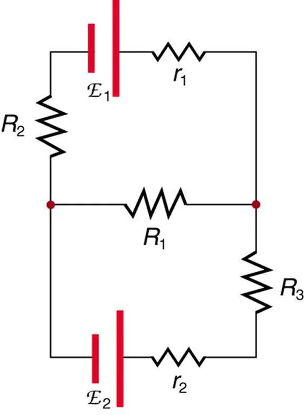 A complicated circuit diagram shows multiple resistances and voltage sources wired in series and in parallel. The circuit has three arms. The first has a cell of e m f script E sub one and internal resistance r sub one in series with a resistor R sub two. The second has a cell of e m f script E sub two and internal resistance r sub two in series with resistor R sub three. The third arm has a resistor R sub one. The three arms are connected in parallel.