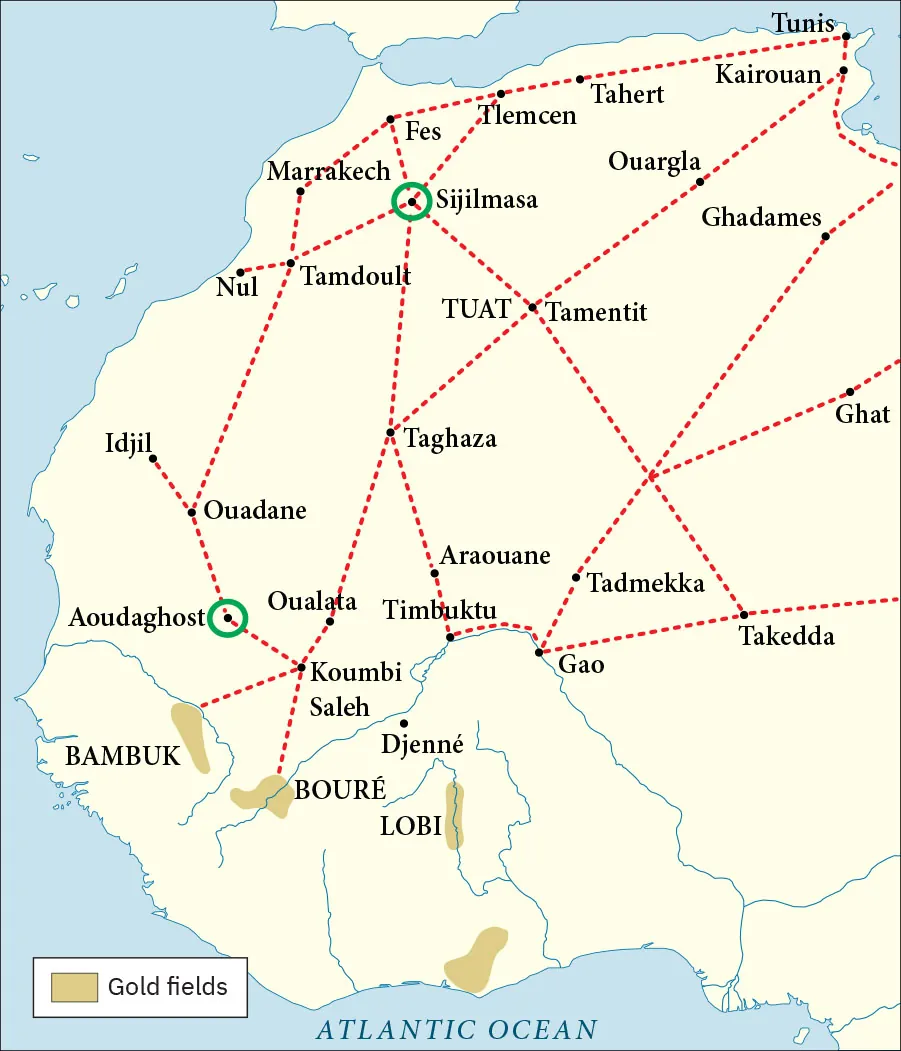 A map of northwest Africa is shown. In the western portion of the map, there are gold-colored sections by the regions of Bambuk, Boure, and Lobi and south of Lobi indicated. These are identified in the key as ‘Gold Fields.’ Starting at the north of the continent and heading south, the cities of Tunis, Kairouan, Tahert, Tlemcen, Fes, Marrakech, Nul, Tamdoult, Sijilmasa, Ouargla, Ghadames, Tamentit, Ghat, Takedda, Gao, Tadmekka, Timbuktu, Araouane, Taghaza, Araouane, Idjil, Ouadane, Aoudaghost, Oualata, Koumbi, and Saleh are labeled and connected with dotted lines. The City of Djenne is labeled as well as the region of Tuat. Aoudaghost and Sijilmasa are circled.