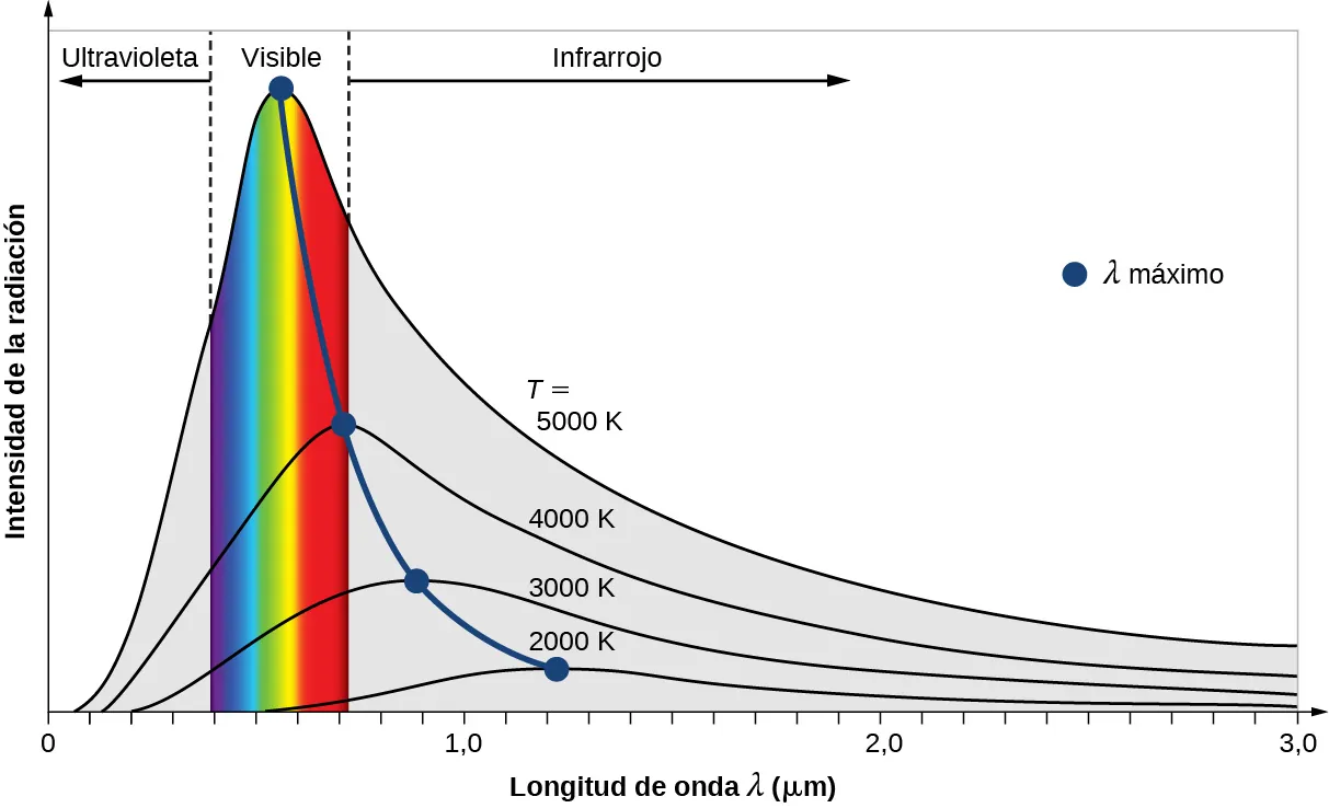 Este gráfico muestra la variación de la intensidad de la radiación de cuerpo negro con las longitudes de onda expresadas en micrómetros. Se dibujan cinco curvas que corresponden a 2000 K, 3000 K, 4000 K y 5000 K. El máximo de la intensidad de la radiación se desplaza hacia el lado de la longitud de onda corta con el aumento de la temperatura. Está en el infrarrojo lejano para 2000 K, en el infrarrojo cercano para 3000 K, en la parte roja del espectro visible para 4000 K y en la parte verde del espectro visible para 5000 K.
