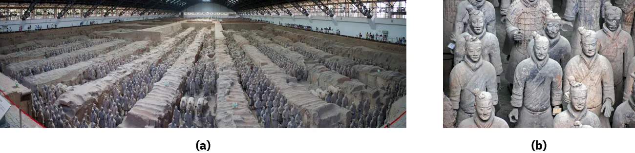(a) A photograph shows at least twelve stone walls from front to back, with some showing in opposite directions in the back, inside of a building. The tops of the walls are wavy and some of the corners are worn and uneven. In between the walls are clay statues of men with hats and clothing standing in rows, filling the spaces. Windows can be seen along the top of the walls and people are seen walking along the side walls of the building on walkways. (b) The image shows twelve gray and pale orange clay statues of soldiers standing in rows on a gray floor. Each statue shows an individual face with eyes, nose, and mouth and some thin moustaches. All wear some type of hat with a round object at their right. All wear shirts that close over to the right. Two statues in the back wear armor with a checkerboard design. Some have arms along their sides while one has his arms bent at the elbow in front of his body.