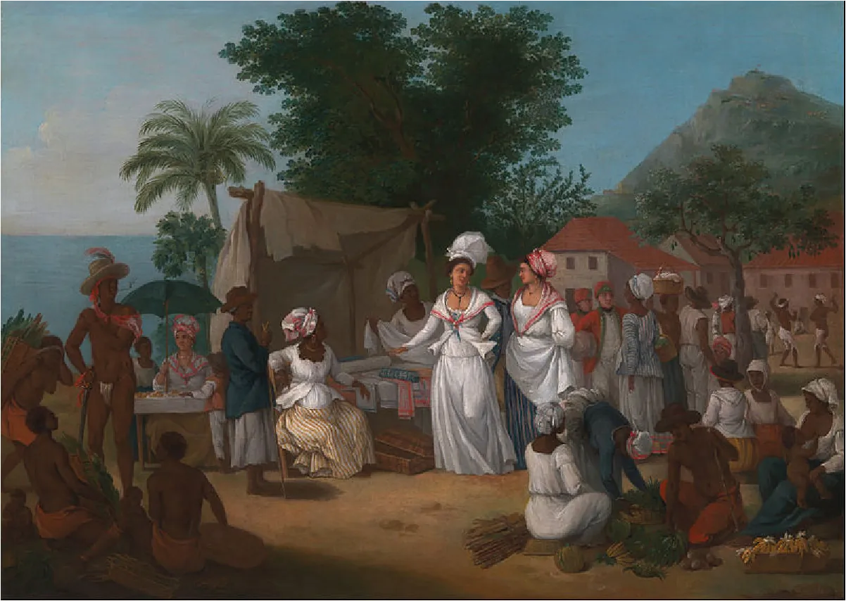 This painting shows two women in long white elaborate dresses and ornate hats. They walk through a group of dark-skinned women in simpler dresses and head dressings. The lighting of the painting is centered on the two women in the center, and most of the other people in the painting look at them. One of the women points at some linens on a table while talking with the other woman. A group of women in plain white- and solid-colored dresses and a man in a large hat without a shirt are sitting and squatting in the bottom right corner over green leaves on the ground. A woman behind them nurses a child. The left corner of the painting shows men in waistcloths and no shirts sitting on the ground listening to a standing man who is almost naked except for a small loincloth, hat, and ornate scarf. Behind him there is a lady sitting behind a table dressed in a white dress, gloves and hat holding a parasol over her head. In the background there are people walking, talking, and dancing. Buildings, water, mountains, and trees can be seen in the background.