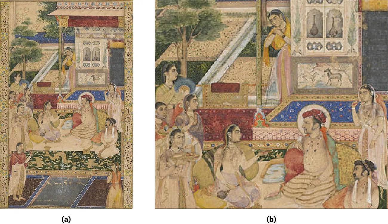 Painting (a) shows Emperor Jahangir relaxing in a garden with several other people. Painting (b) is a closeup of Jahangir from painting (a) which more clearly shows Jahangir as well as his wife and son nearby.