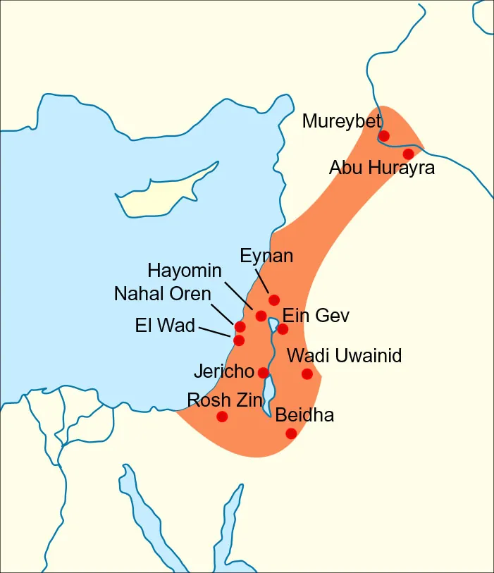 A map is drawn showing a square section of water with land at the north, east, and south sides. An orange area is highlighted at the east side of the coast and heading up into the land in a long thin oval. Cities are labeled inside of that orange area, from the north to the south: Mureybet, Abu Hurayra, Eynan, Hayomin, Ein Gev, Nahal Oren, El Wad, Wadi Uwainid, Jericho, Rosh Zin, and Beidha.