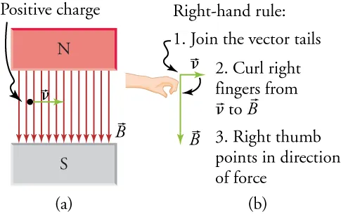 Part (a) shows a proton moving in a uniform magnetic field. Part (b) outlines the steps of the right-hand rule.