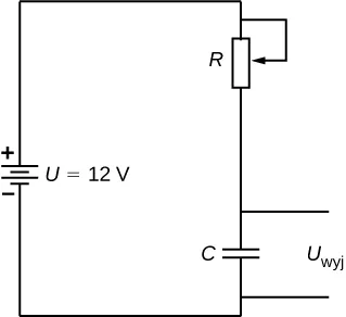 Dodatni zacisk źródła napięcia V dla 12 V jest połączony do zmiennego opornika R i kondensatora C. V ze znakiem out jest miarą całego C. 