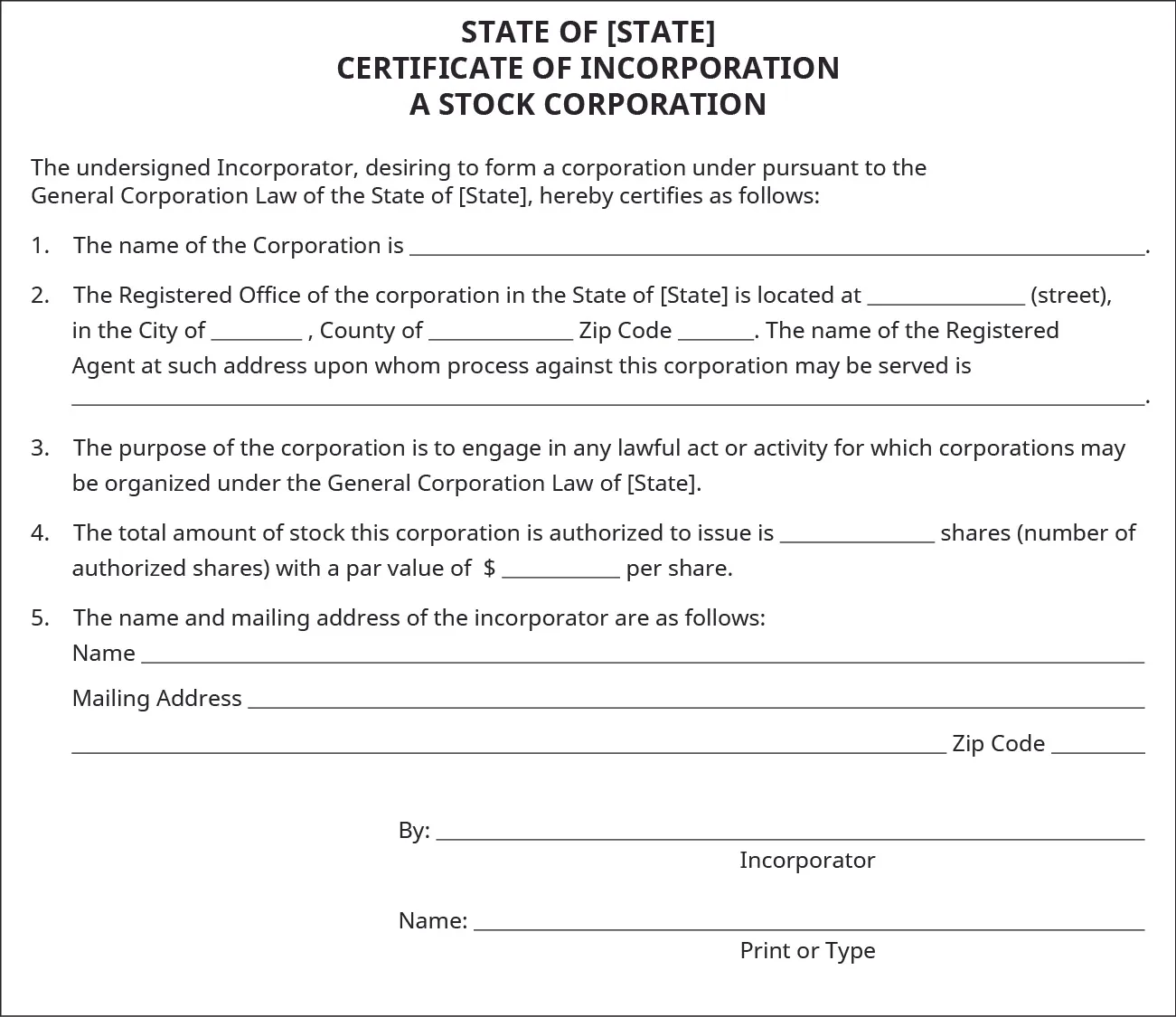 State of Incorporation form that states: “The undersigned Incorporator, desiring to form a corporation under pursuant to the General Corporation Law of the State of [State], hereby certifies as follows:” and leaves space for the incorporator to fill in the name of the corporation, the address (including the county) of the corporation, the name of the registered agent, the total amount of stock the corporation is authorized to issue and the price per share, and the name and mailing address of the incorporator. The form also states: “The purpose of the corporation is to engage in any lawful act or activity for which corporations may be organized under the General Corporation Law of [State].” The incorporator must also sign the form.