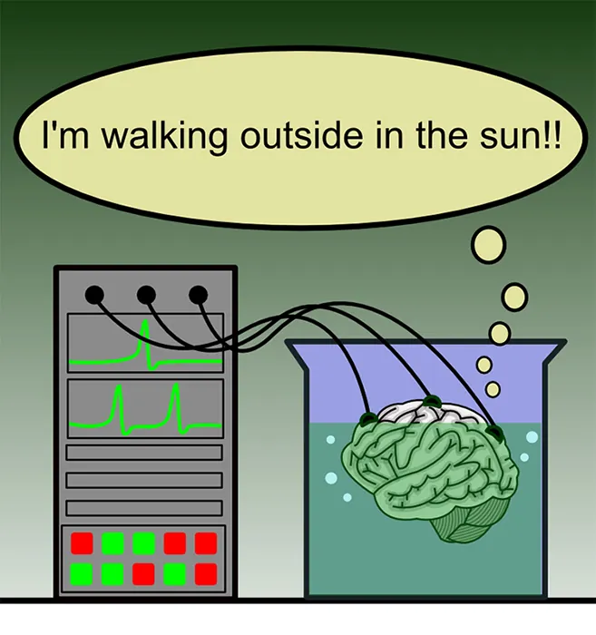 Sketch of a brain floating in a liquid-filled beaker, connected to a computer console by several electrodes. A thought bubble rising from the brain reads “I’m walking outside in the sun!!”