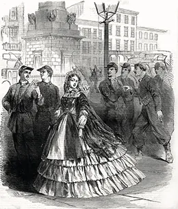 A drawing shows an elaborately dressed young woman walking through a town, averting her gaze from the groups of nearby men who watch and whisper about her.
