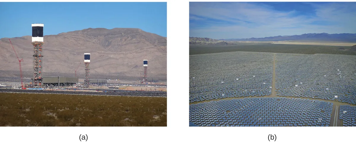 Two pictures are shown and labeled a and b. Picture a shows a thermal plant with three tall metal towers. Picture b is an arial picture of the mirrors used at the plant. They are arranged in rows.