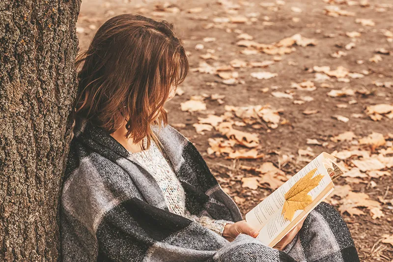 A person sits under the tree reading a book. An autumn leaf has fallen onto one page of the book.