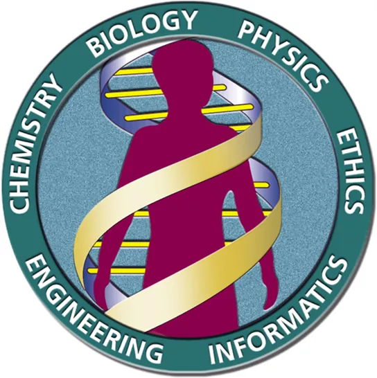 The human genome project’s logo is shown, depicting a human being inside a DNA double helix. The words chemistry, biology, physics, ethics, informatics, and engineering surround the circular image.
