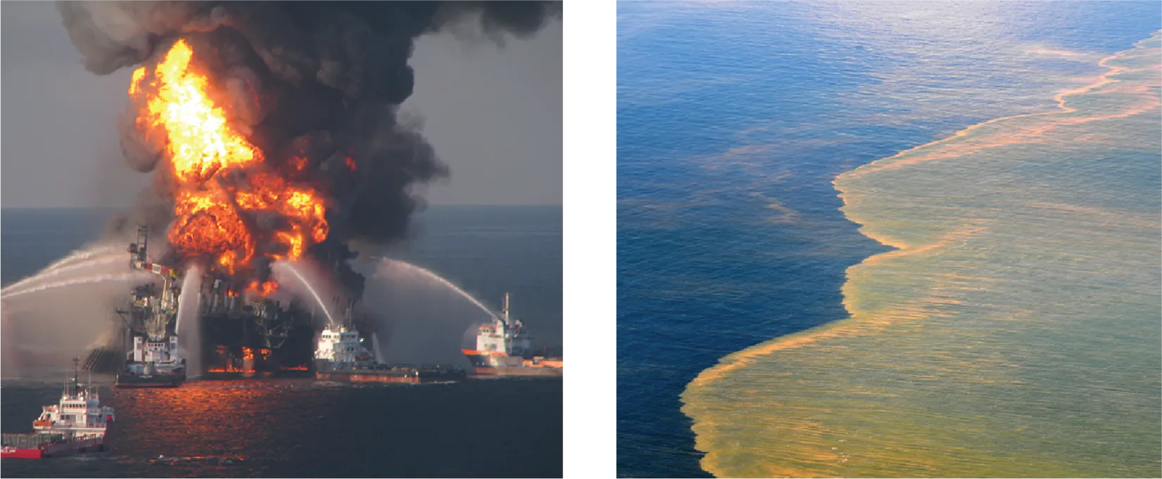Left: The Deepwater Horizon oil rig on fire, surrounded with multiple ships spraying suppression materials. Right: Oil floating on the surface of water in the Gulf of Mexico.