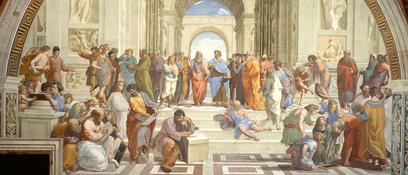 The School of Athens painted by Raphael in Stanza Della Segnatura at Vatican Museums.