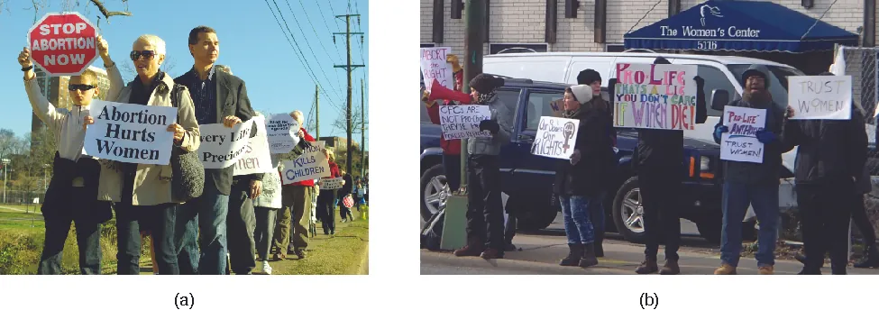 Photo A shows a group of people in a line holding signs. The signs that are visible read “Stop abortion now” and “Abortion hurts women”. Photo B shows a group of people in a line in front of a building holding signs. The signs that are visible read “Trust Women” and “Pro-life that’s a lie you don’t care if women die”.