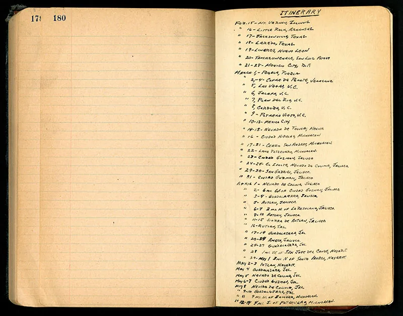 A field notebook used by an anthropologist. Notebook displays neat handwriting listing out a travel itinerary for a research trip.