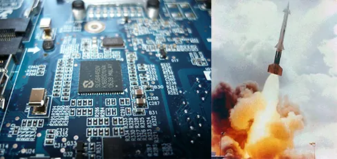 The left shows a microprocessor chip; the right shows a missile being launched.