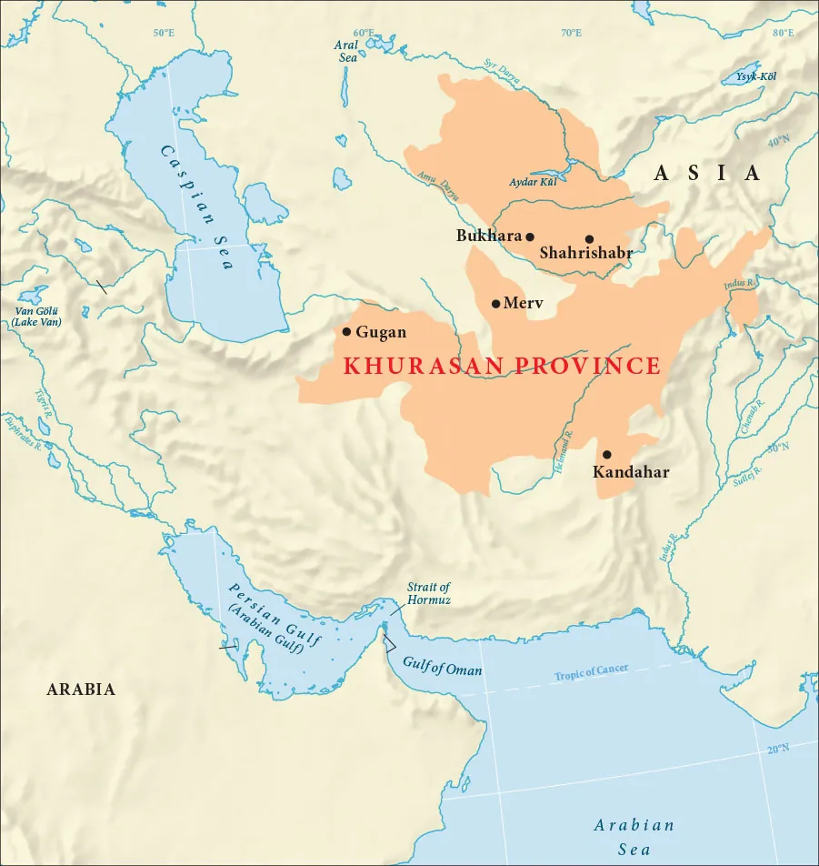 A drawing of a map is shown. The Caspian Sea is shown to the northwest, the Persian Gulf (Arabian Gulf) is shown toward the south along with the Gulf of Oman and the Arabian Sea. The Tropic of Cancer is labeled on the latitude line in the northern Arabian Sea. Land labeled “Arabia” is shown in the southwest corner of the map and a land mass labeled “Asia” is shown in the northeast section of the map. An area in Asia is highlighted orange and labeled “Khurasan Province.” It stretches from the Syr Darya River at the top of the map, south through the Aydar Kul, through the cities of Bukhara, Shahrishabr, Merv, and ending south in the city of Kandahar. It stretches west to the city of Gugan and east to the Indus River.
