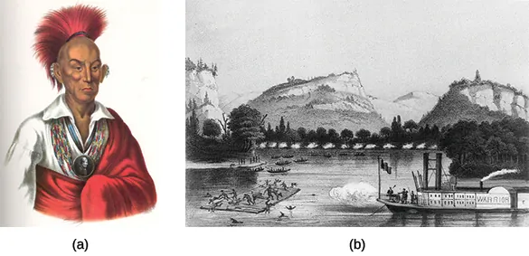 Portrait (a) depicts Sauk chief Black Hawk. Engraving (b) shows U.S. soldiers on a steamer labeled with the name “Warrior” firing on Native Americans aboard a raft on a river.